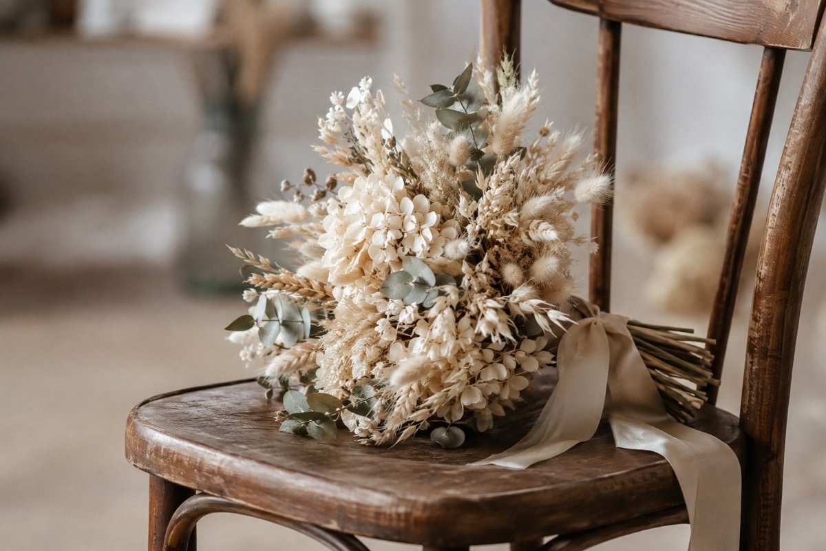 Bouquet de mariée en fleurs séchées, hortensias crème, lagurus et épis d’avoine, posé sur une chaise en bois, tiges liées d’un ruban de soie
