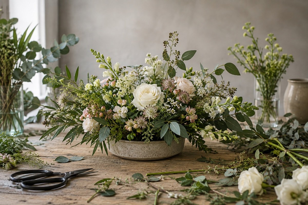 Composition florale basse en cours de montage sur une table de bois, ciseaux et chutes de tiges autour