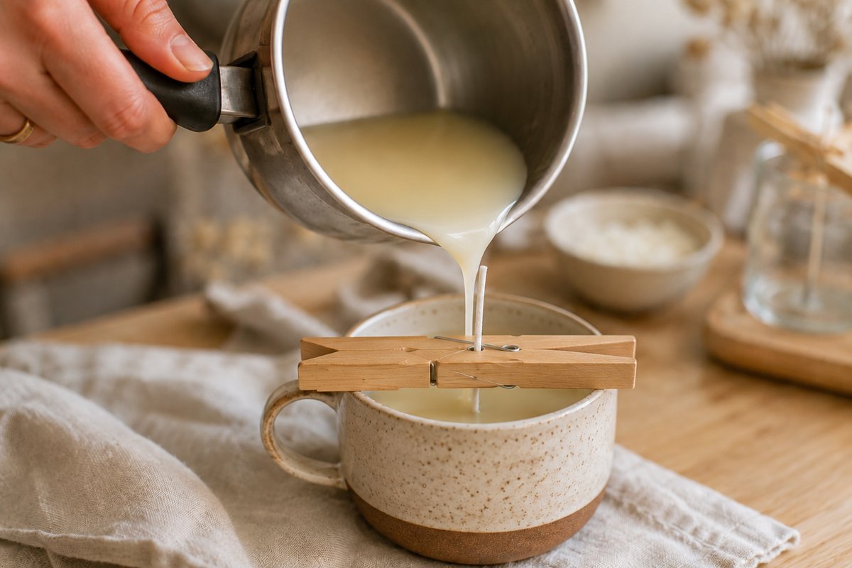 Coulée de cire fondue depuis un pichet dans une tasse en céramique mouchetée, mèche centrée tenue par une pince à linge en bois