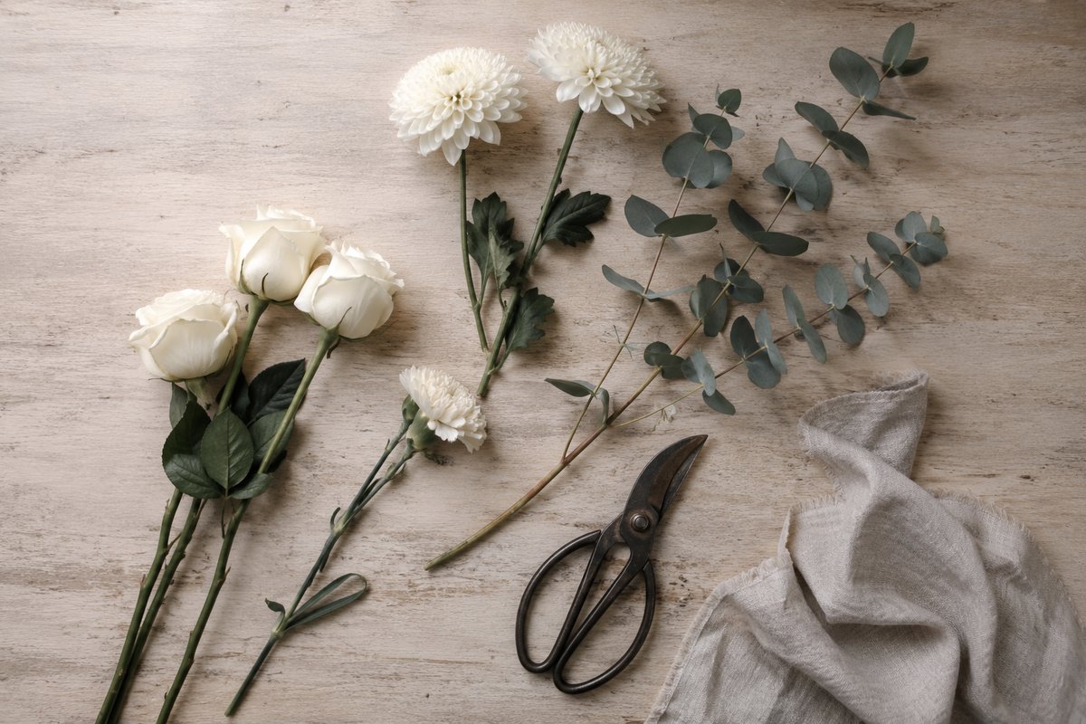 Les fleurs d’une couronne funéraire avant montage, à plat sur un bois pâle : trois roses blanches, deux chrysanthèmes crème, un œillet, des branches d’eucalyptus, un sécateur ancien et un torchon de lin