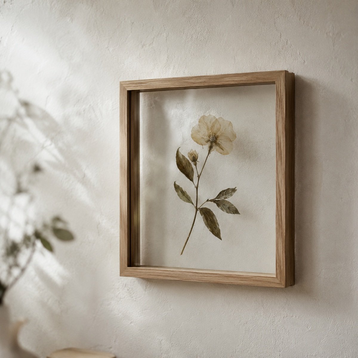 Cadre en verre contenant des fleurs pressées, accroché sur un mur clair