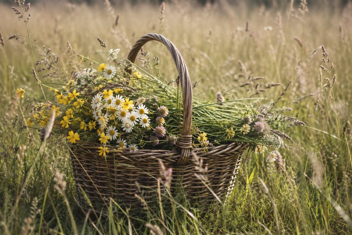 Panier en osier posé dans une prairie haute, rempli de marguerites, boutons d’or et trèfles fraîchement cueillis