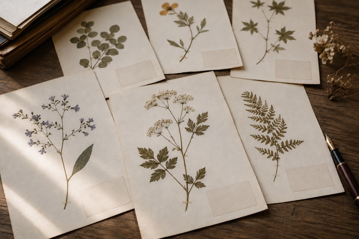Plusieurs planches d'herbier annotées à la plume, vues du dessus sur une table en bois