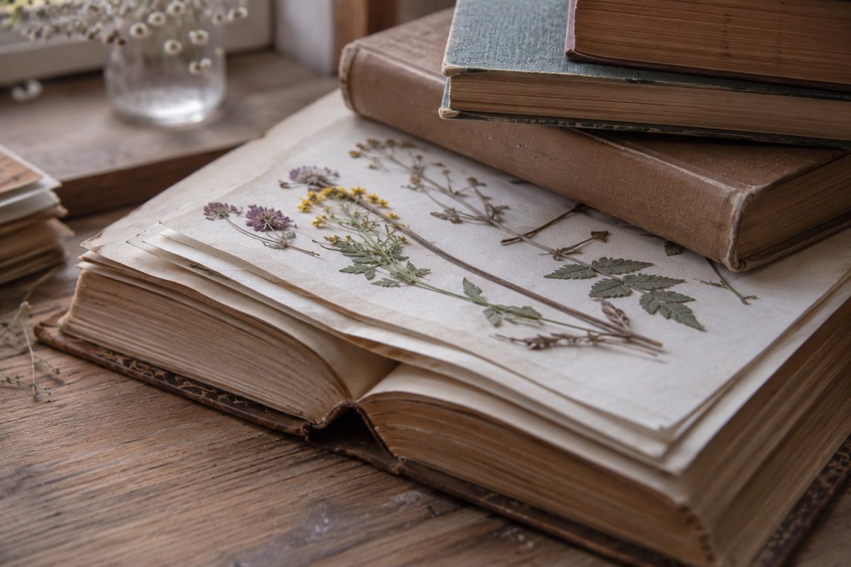 Fleurs sauvages disposées entre deux feuilles de papier buvard dans un gros livre ouvert