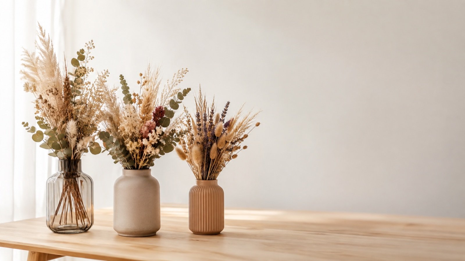 Trois bouquets de fleurs séchées posés sur une table en bois clair, dans un vase en verre fumé et un vase en céramique mate