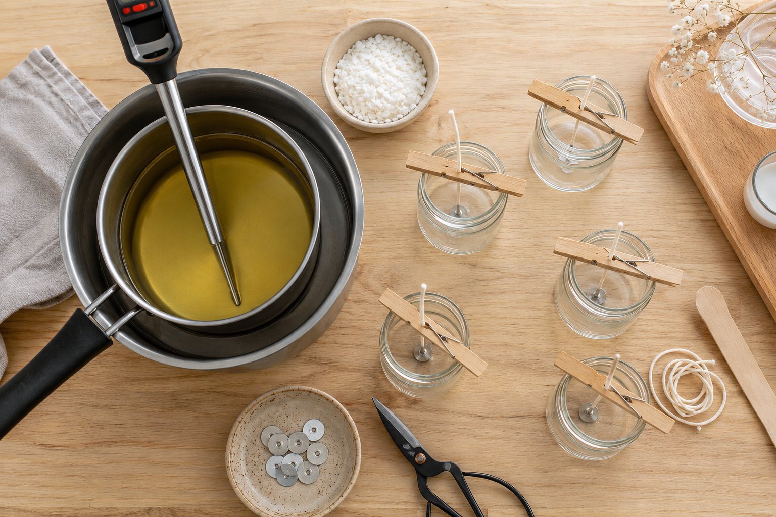 Matériel de fabrication de bougies vu de dessus : bain-marie avec cire fondue, thermomètre, cire en granulés, pots en verre avec mèches tenues par des pinces à linge