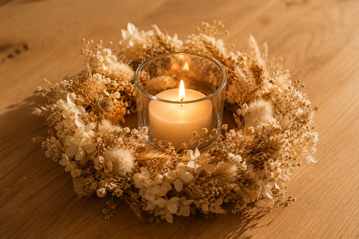 Photophore en verre abritant une bougie allumée, posé au centre d'une couronne de fleurs séchées beige et crème, sur une table en chêne clair