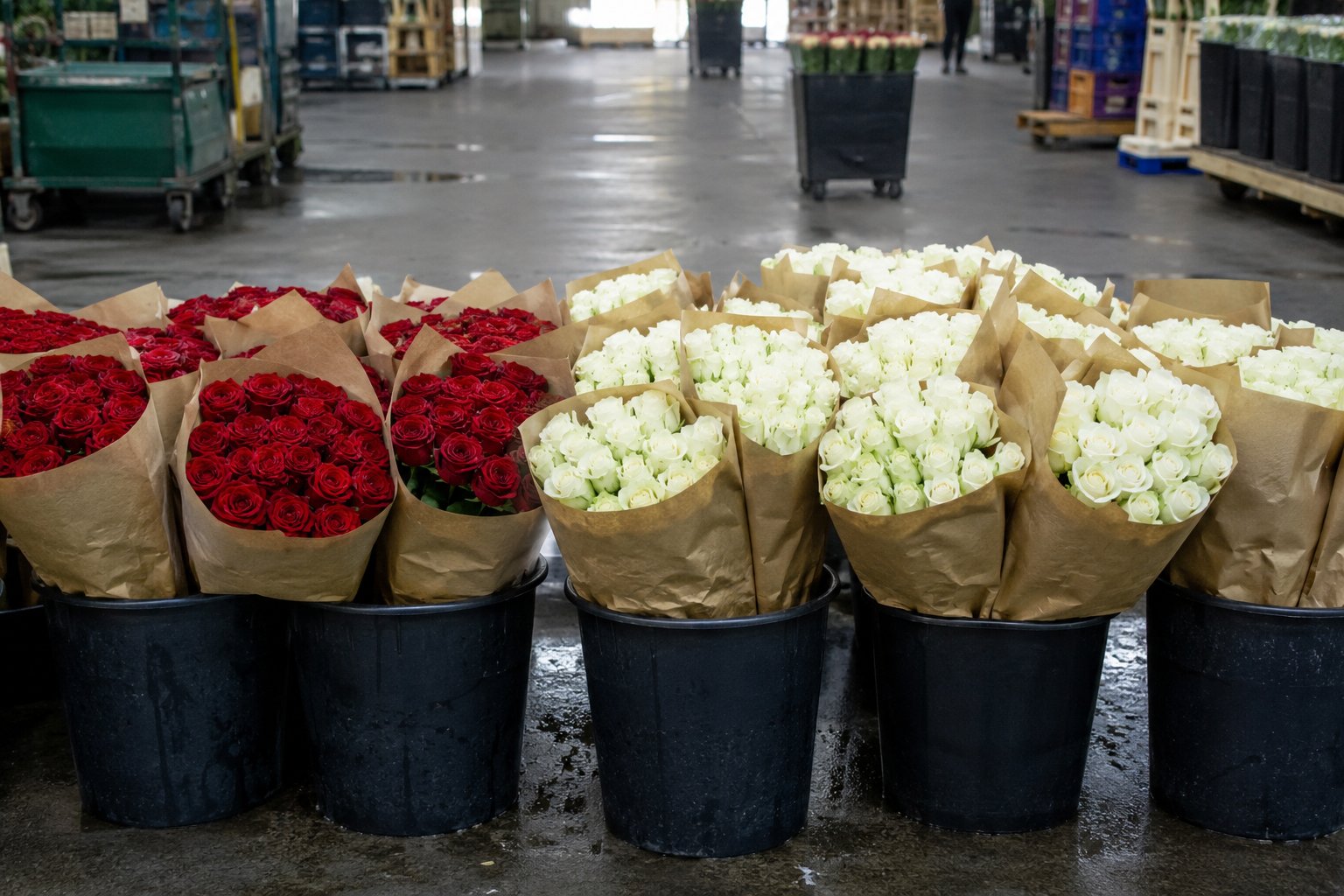 Bottes de roses rouges à gauche et de roses blanches à droite, emballées dans du papier kraft et posées dans des seaux en plastique noir, alignées sur le sol de béton mouillé d'une halle de marché de gros, chariots et caisses en arrière-plan