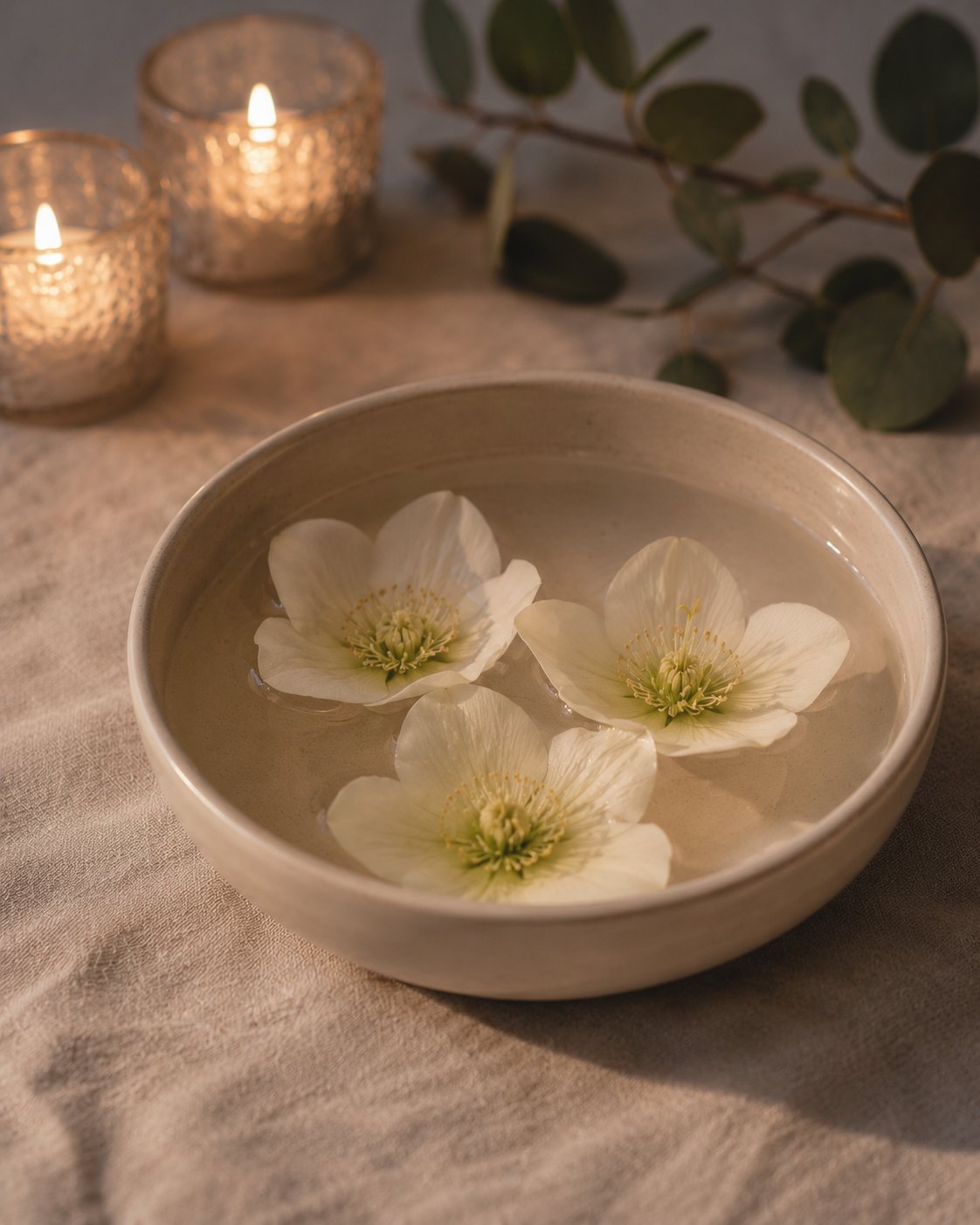 Trois fleurs d'hellébore blanches coupées à ras flottant dans une coupelle en céramique crème remplie d'eau, sur une nappe en lin, deux photophores allumés et une branche d'eucalyptus en arrière-plan