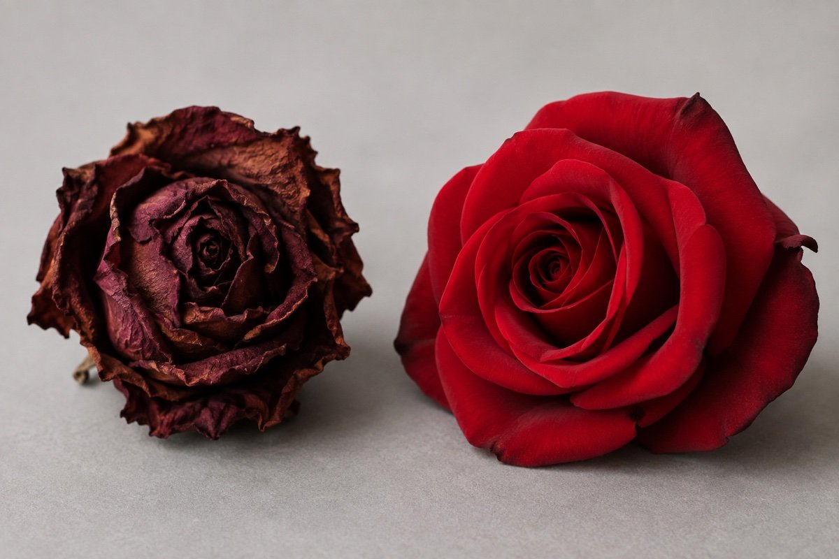 Deux roses côte à côte sur fond gris : à gauche une rose séchée aux pétales froissés et bruns, à droite une rose stabilisée aux pétales pleins et rouge profond