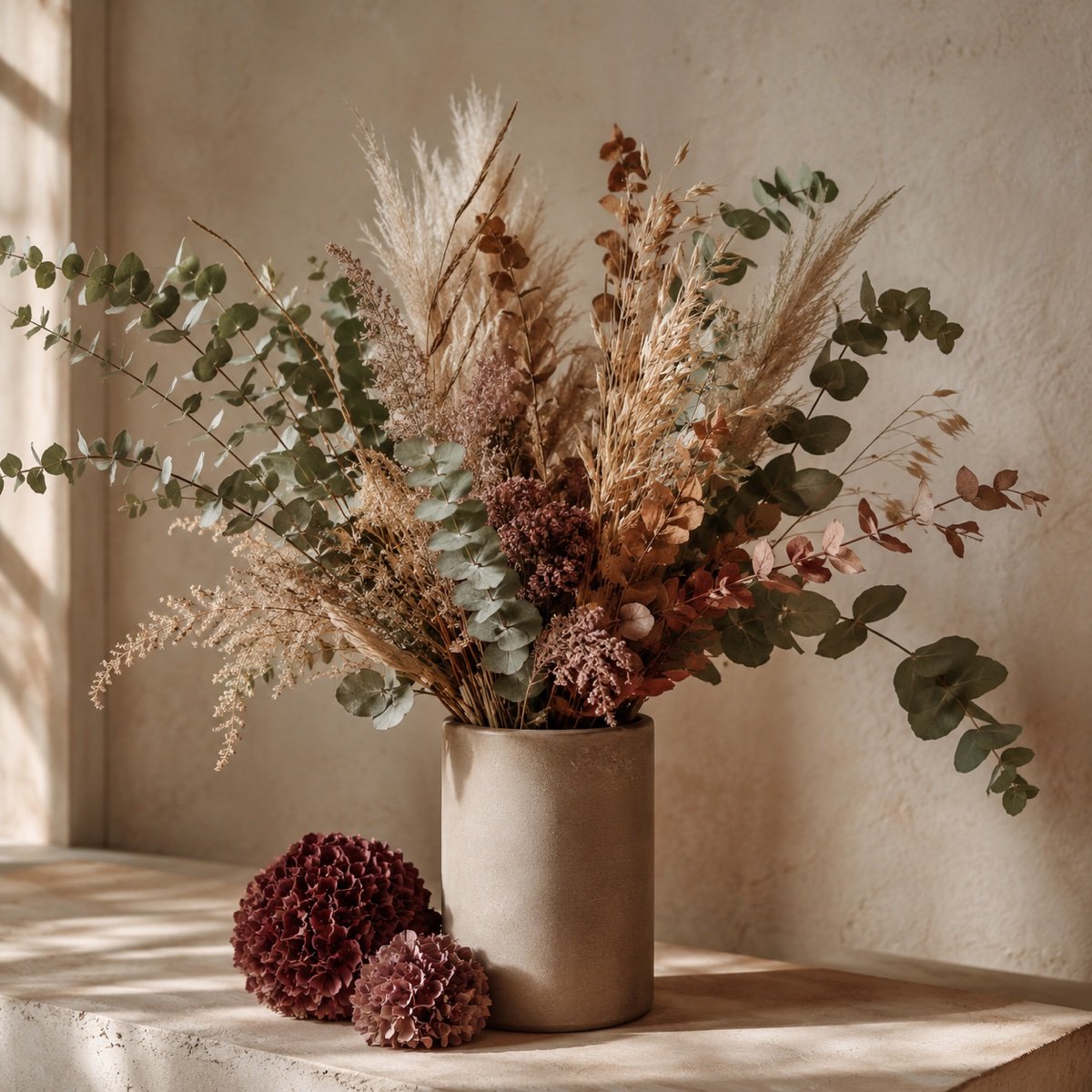 Eucalyptus et graminées sèches dans un vase cylindrique opaque, tons ocre et bordeaux