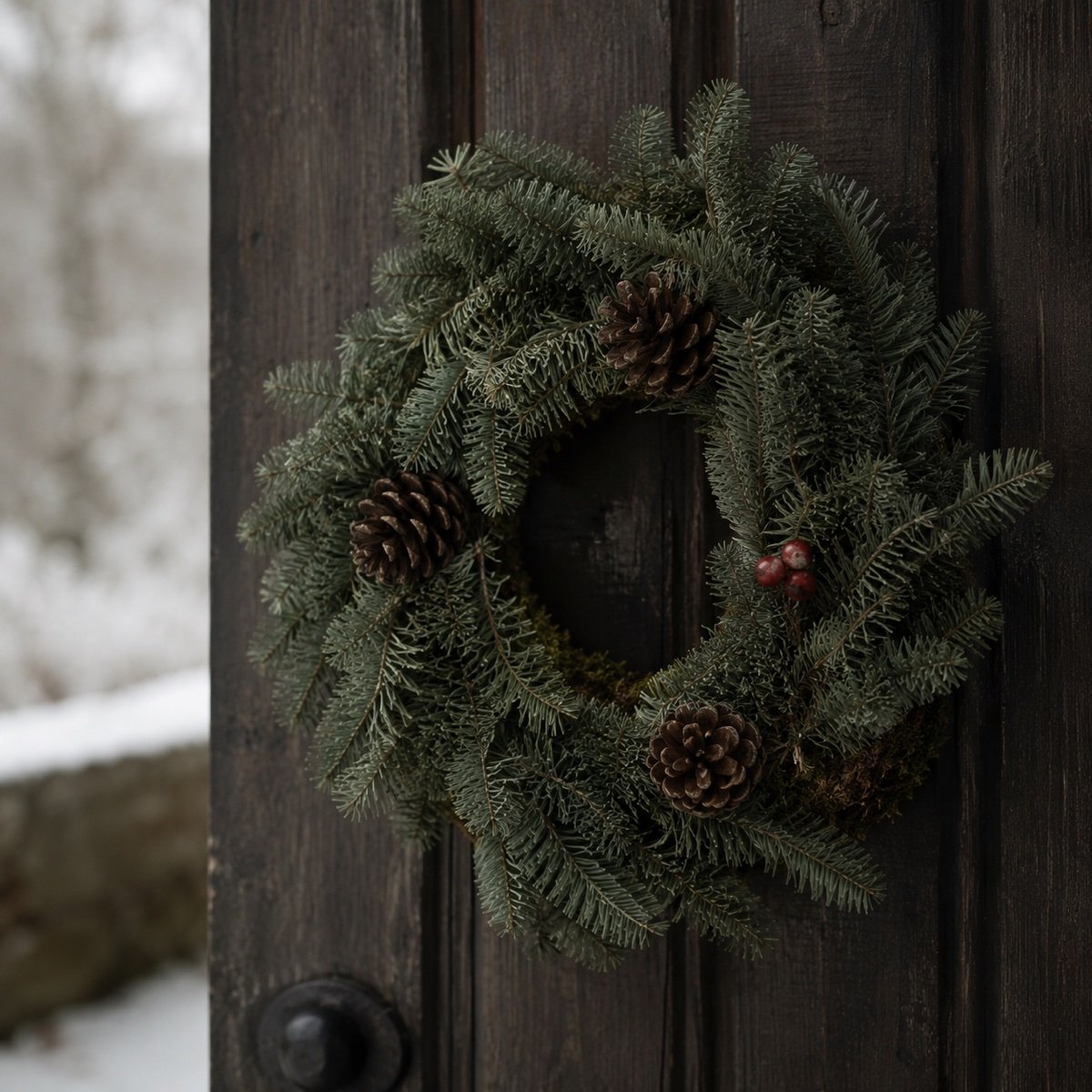 Couronne de sapin noble et pommes de pin sur une porte en bois foncé