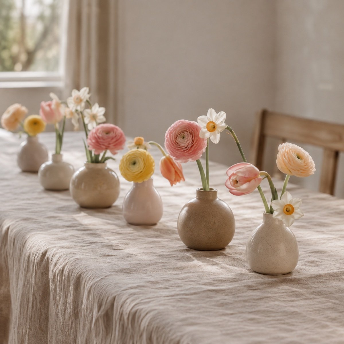 Ligne de petits vases bas sur une table longue avec renoncules et tulipes