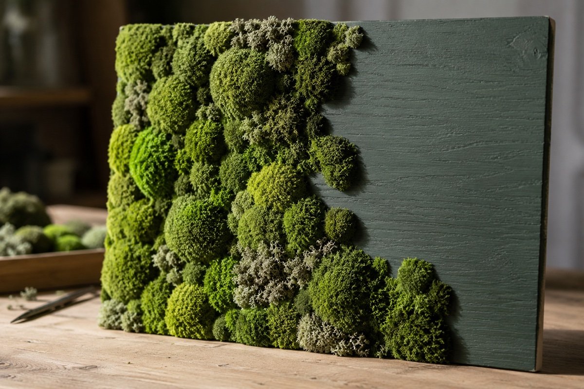 Panneau de mousse à moitié garni, le fond peint en vert foncé restant visible sur la partie encore nue