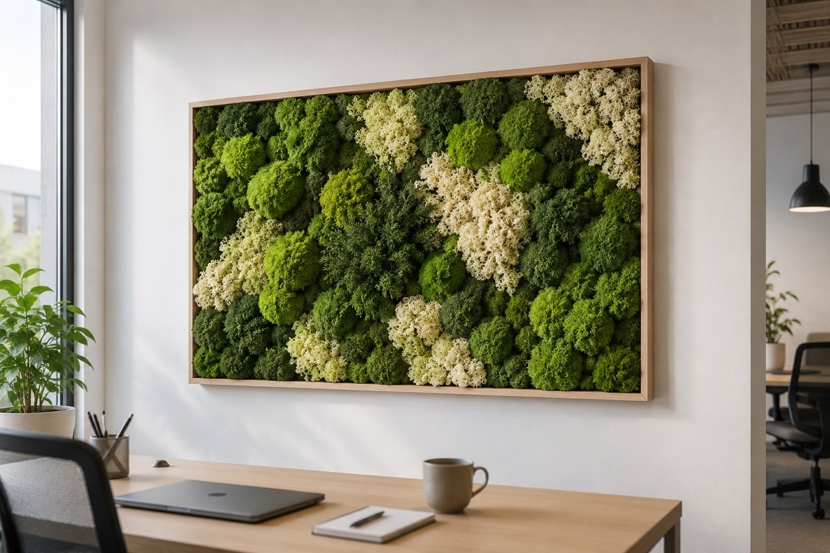 Panneau de mousse boule et lichen scandinave encadré de bois clair, sur un mur de bureau